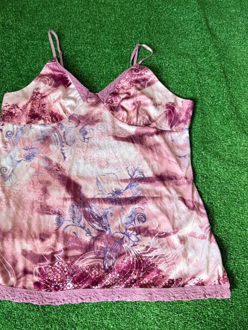Weavers Girls Y2K V-Neck Pink Floral Satin Camisole Lingerie Cami Top Size XL
